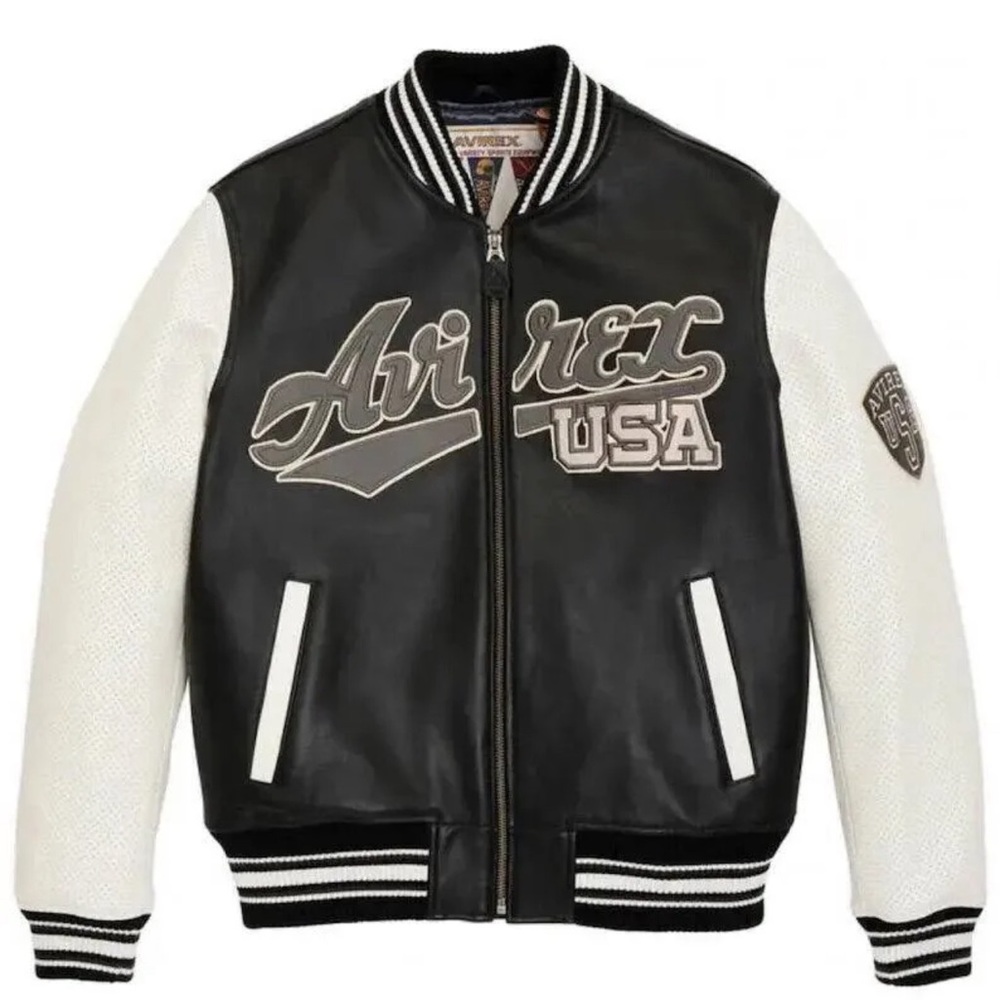 Avirex Black Leather Varsity Jacket Size S